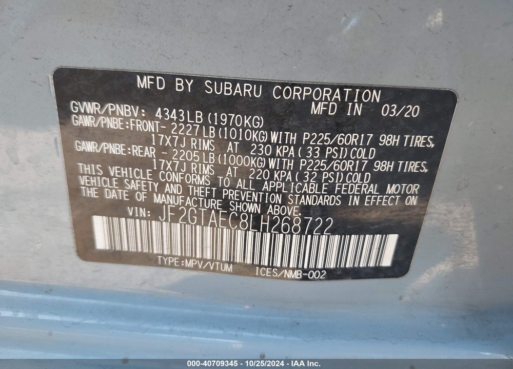 2020 SUBARU CROSSTREK PREMIUM VIN: JF2GTAEC8LH268722