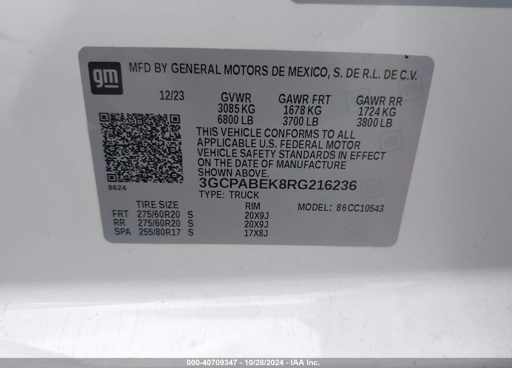 2024 CHEVROLET SILVERADO 1500 2WD SHORT BED CUSTOM VIN: 3GCPABEK8RG216236
