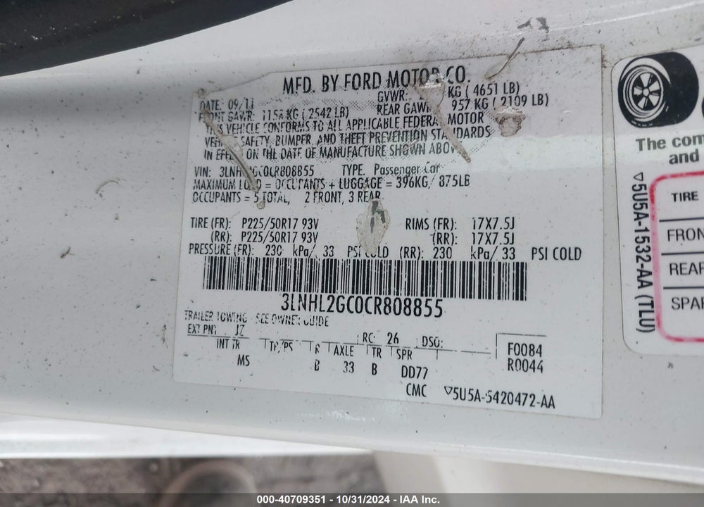 2012 LINCOLN MKZ VIN: 3LNHL2GC0CR808855
