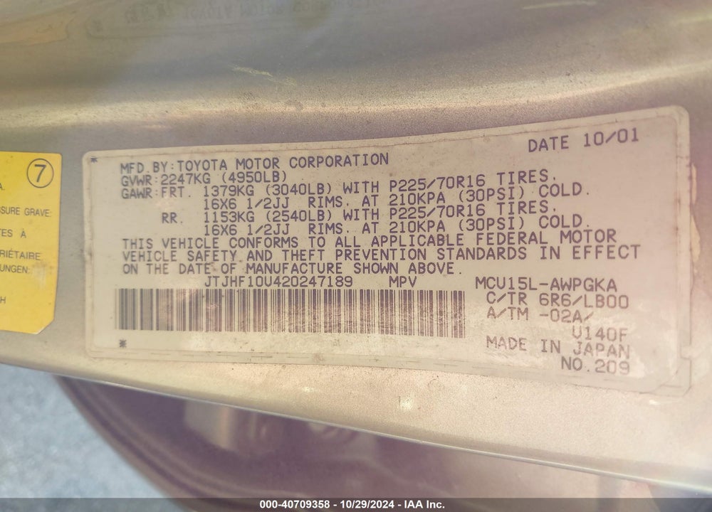 2002 LEXUS RX 300 VIN: JTJHF10U420247189