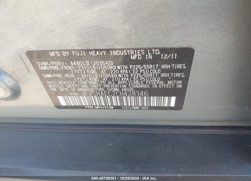 2012 SUBARU FORESTER 2.5X LIMITED VIN: JF2SHAEC2CH428346