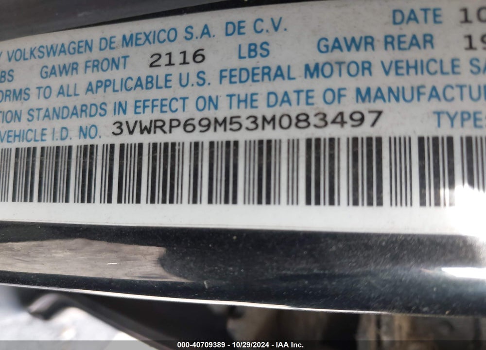 2003 VOLKSWAGEN JETTA GL TDI VIN: 3VWRP69M53M083497