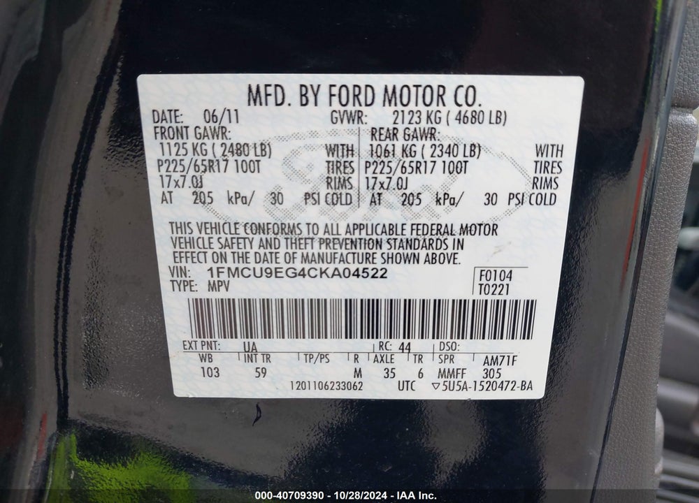 2012 FORD ESCAPE LIMITED VIN: 1FMCU9EG4CKA04522