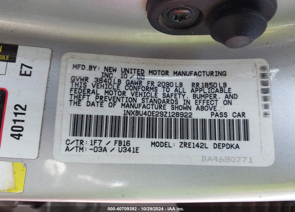 2009 TOYOTA COROLLA LE VIN: 1NXBU40E29Z128922