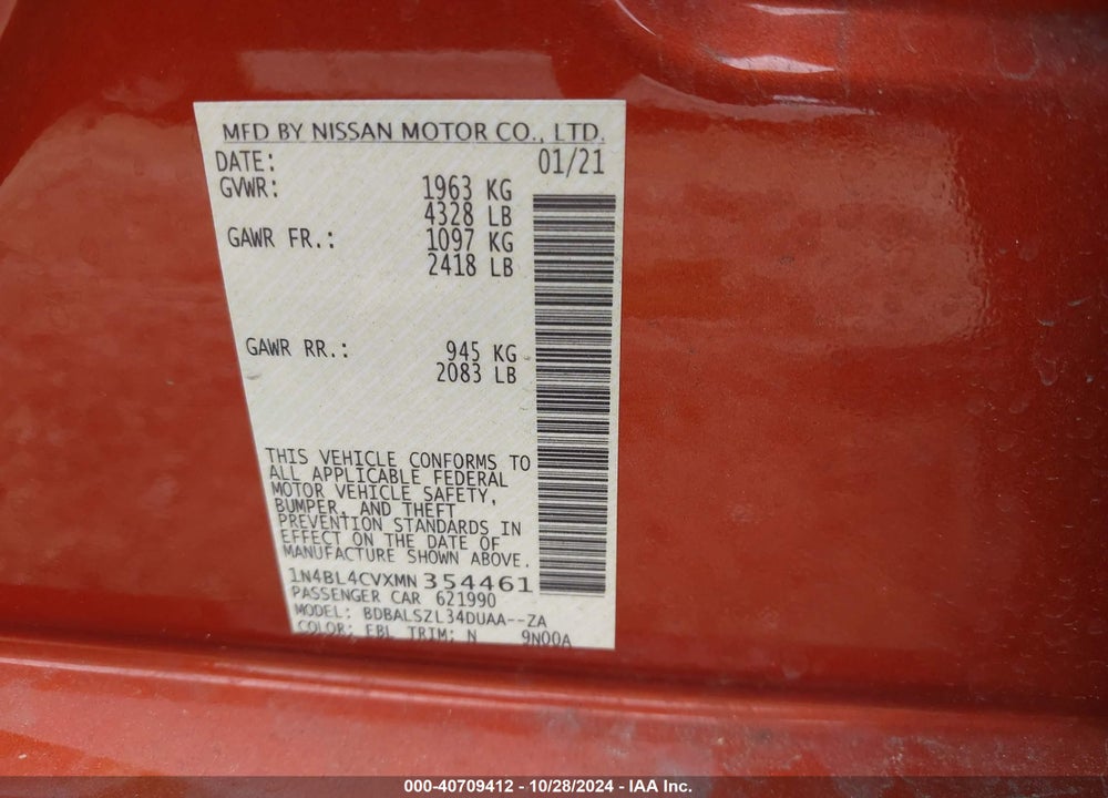 2021 NISSAN ALTIMA SR FWD VIN: 1N4BL4CVXMN354461