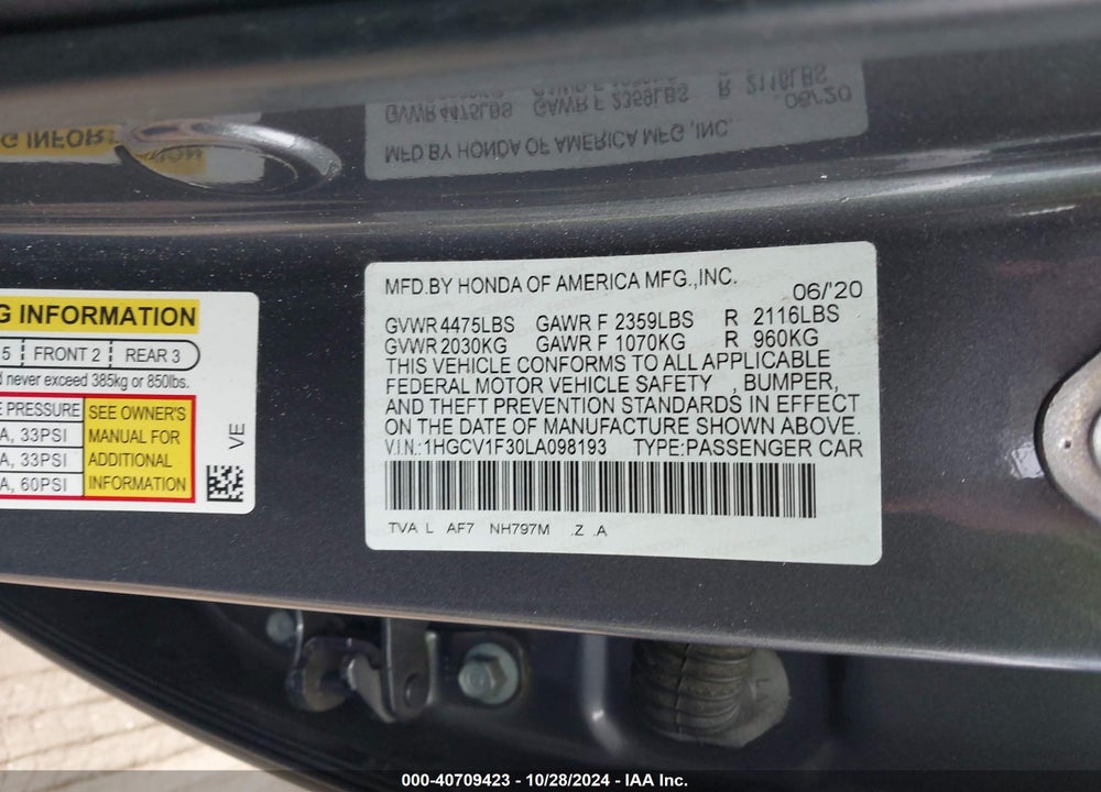 2020 HONDA ACCORD SPORT VIN: 1HGCV1F30LA098193