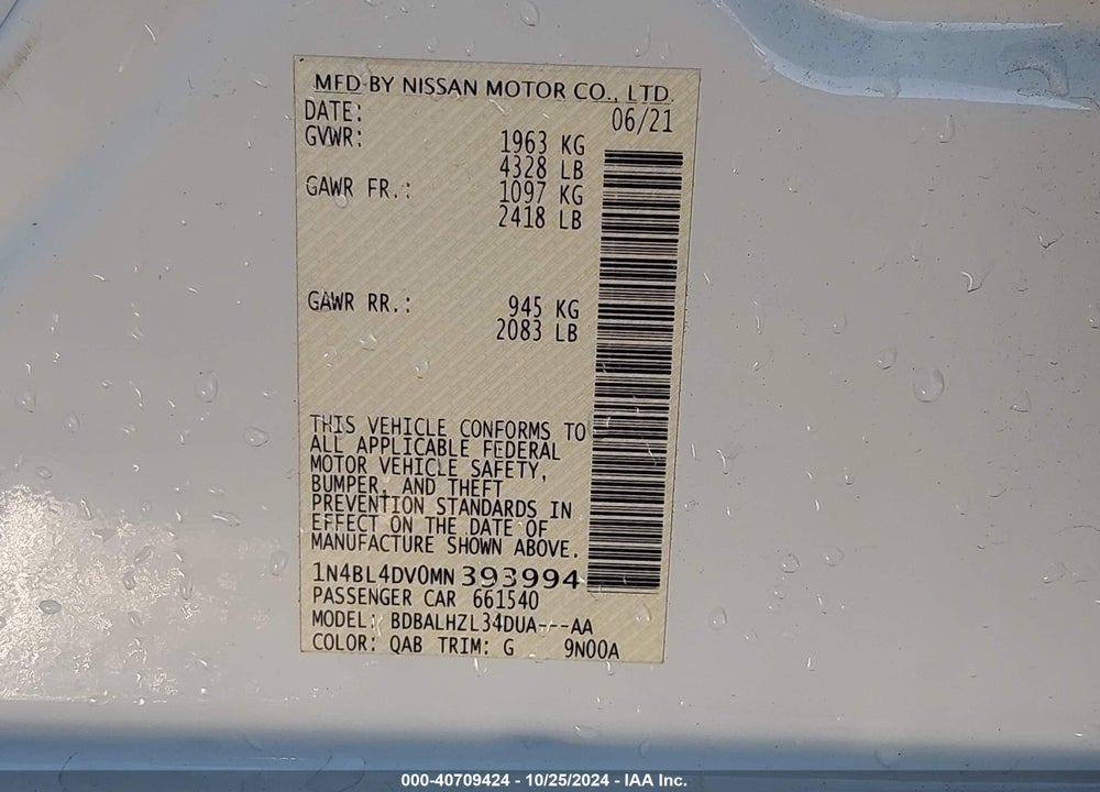 2021 NISSAN ALTIMA SV FWD VIN: 1N4BL4DV0MN393994