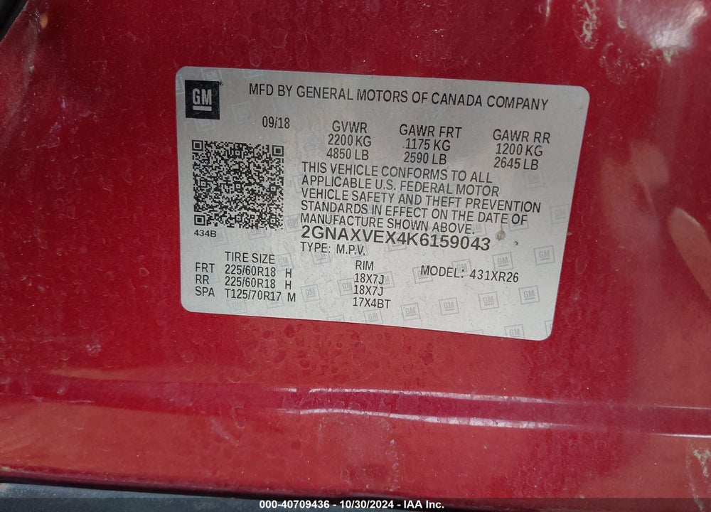 2019 CHEVROLET EQUINOX LT VIN: 2GNAXVEX4K6159043