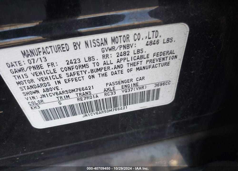 2013 INFINITI G37X VIN: JN1CV6AR5DM766421