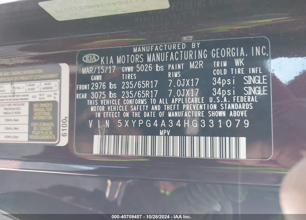 2017 KIA SORENTO 2.4L LX VIN: 5XYPG4A34HG331079