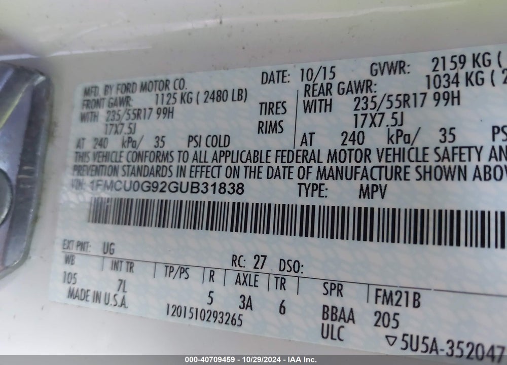 2016 FORD ESCAPE SE VIN: 1FMCU0G92GUB31838