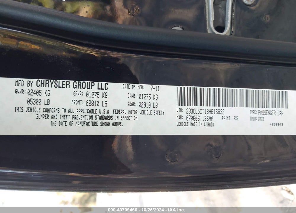 2011 DODGE CHARGER R/T VIN: 2B3CL5CT1BH616832
