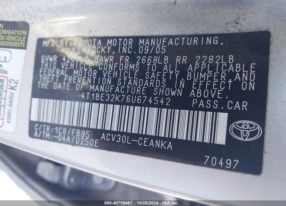 2006 TOYOTA CAMRY VIN: 4T1BE32K76U674542