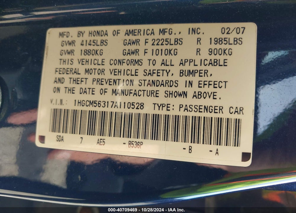 2007 HONDA ACCORD 2.4 SE VIN: 1HGCM56317A110528
