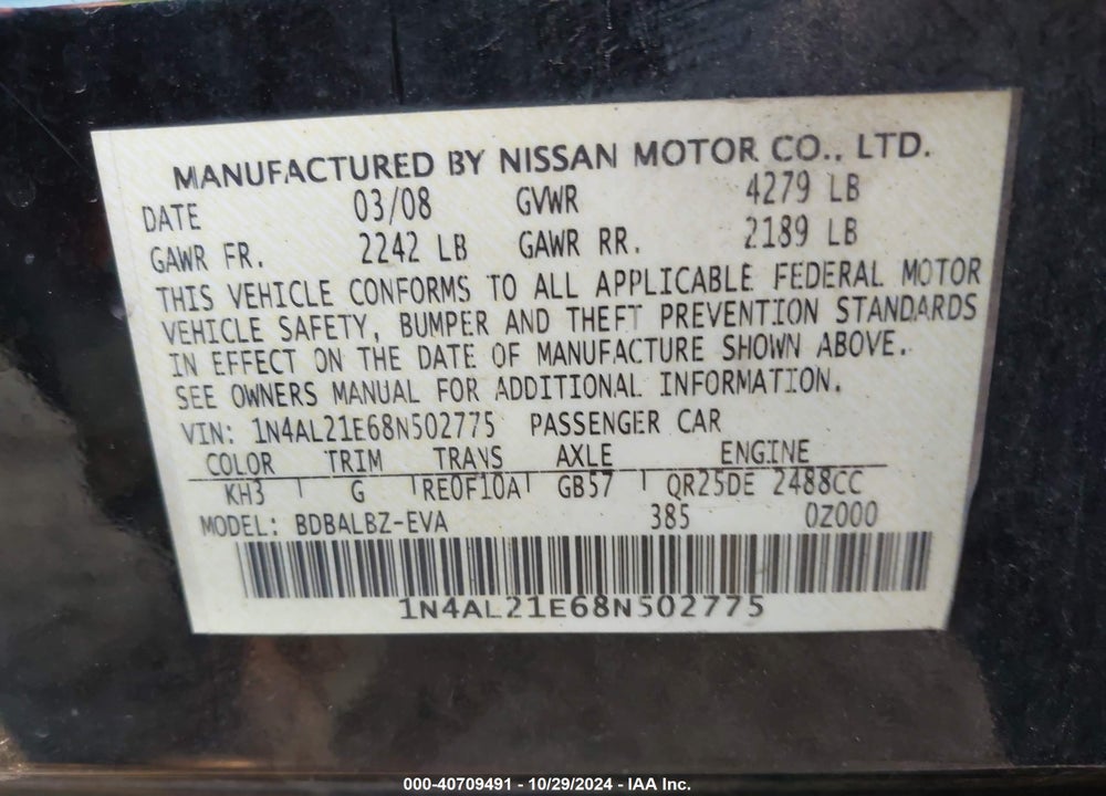 2008 NISSAN ALTIMA 2.5 S VIN: 1N4AL21E68N502775