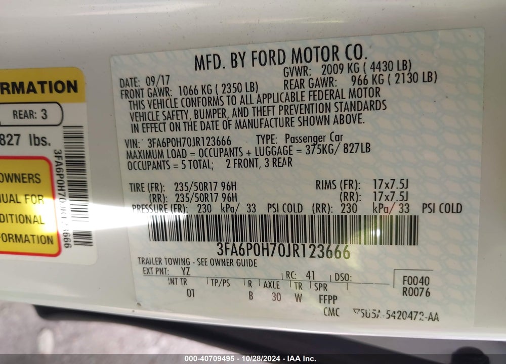 2018 FORD FUSION VIN: 3FA6P0H70JR123666