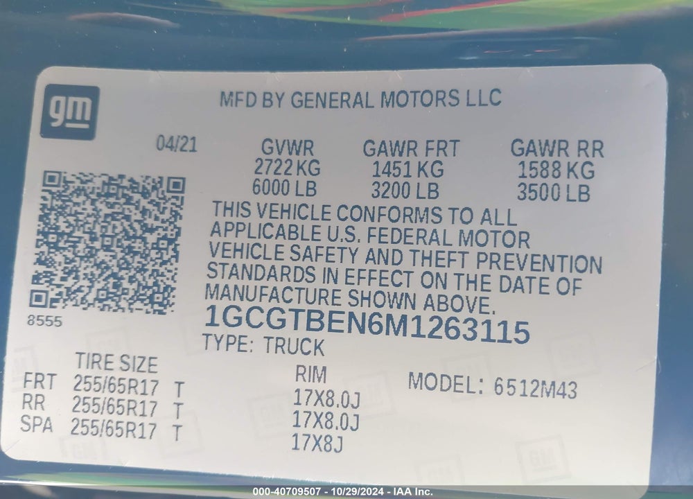 2021 CHEVROLET COLORADO VIN: 1GCGTBEN6M1263115