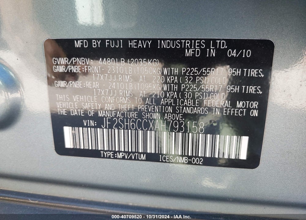 2010 SUBARU FORESTER 2.5X PREMIUM VIN: JF2SH6CCXAH793158