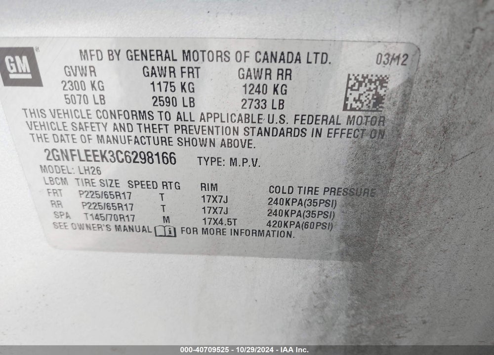 2012 CHEVROLET EQUINOX 1LT VIN: 2GNFLEEK3C6298166