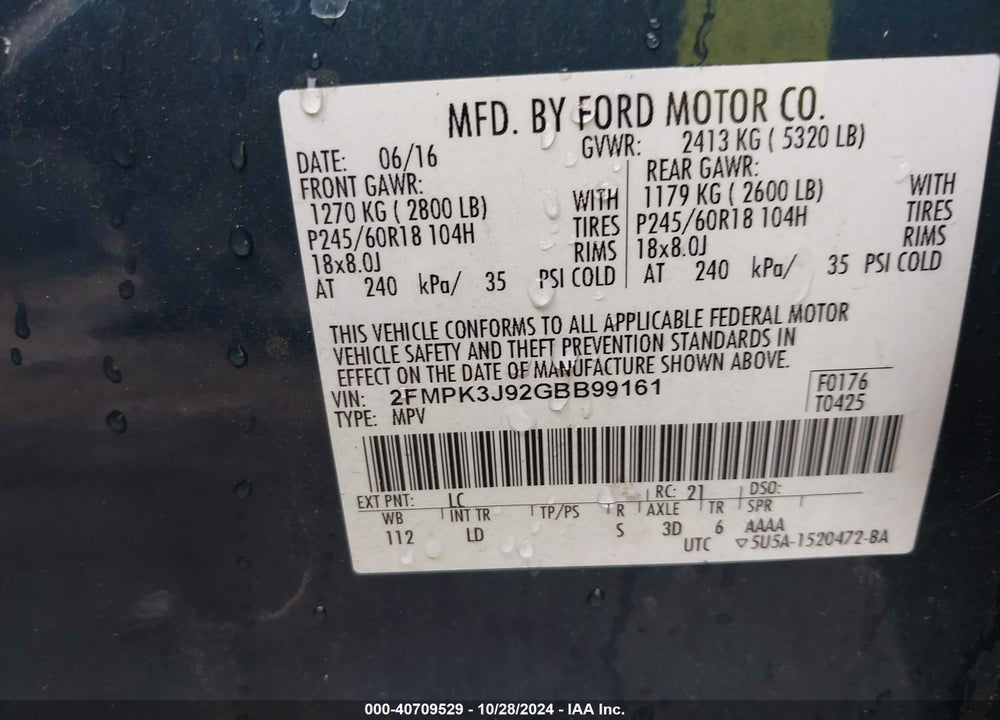 2016 FORD EDGE SEL VIN: 2FMPK3J92GBB99161