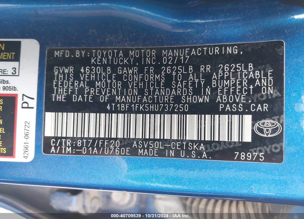 2017 TOYOTA CAMRY SE VIN: 4T1BF1FK5HU737250