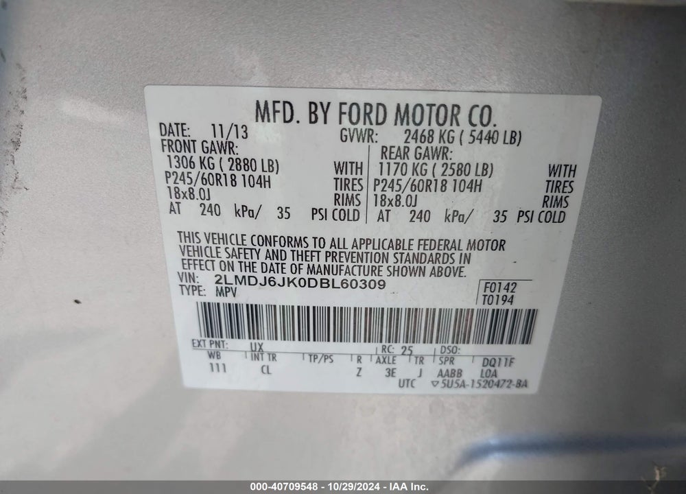 2013 LINCOLN MKX VIN: 2LMDJ6JK0DBL60309