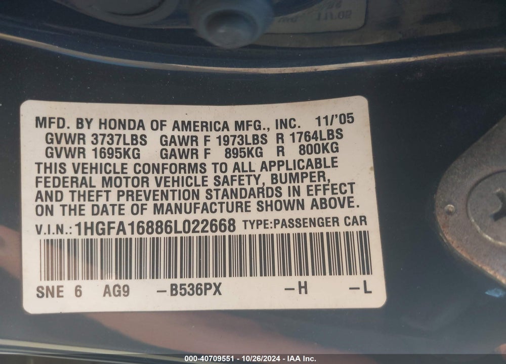 2006 HONDA CIVIC EX VIN: 1HGFA16886L022668
