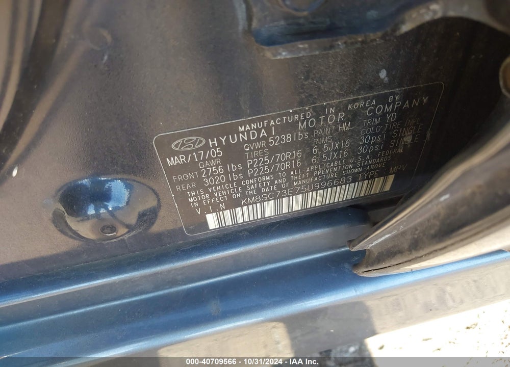 2005 HYUNDAI SANTA FE GLS/LX VIN: KM8SC73E75U996683