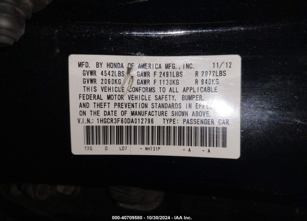 2013 HONDA ACCORD EX-L V-6 VIN: 1HGCR3F80DA012796