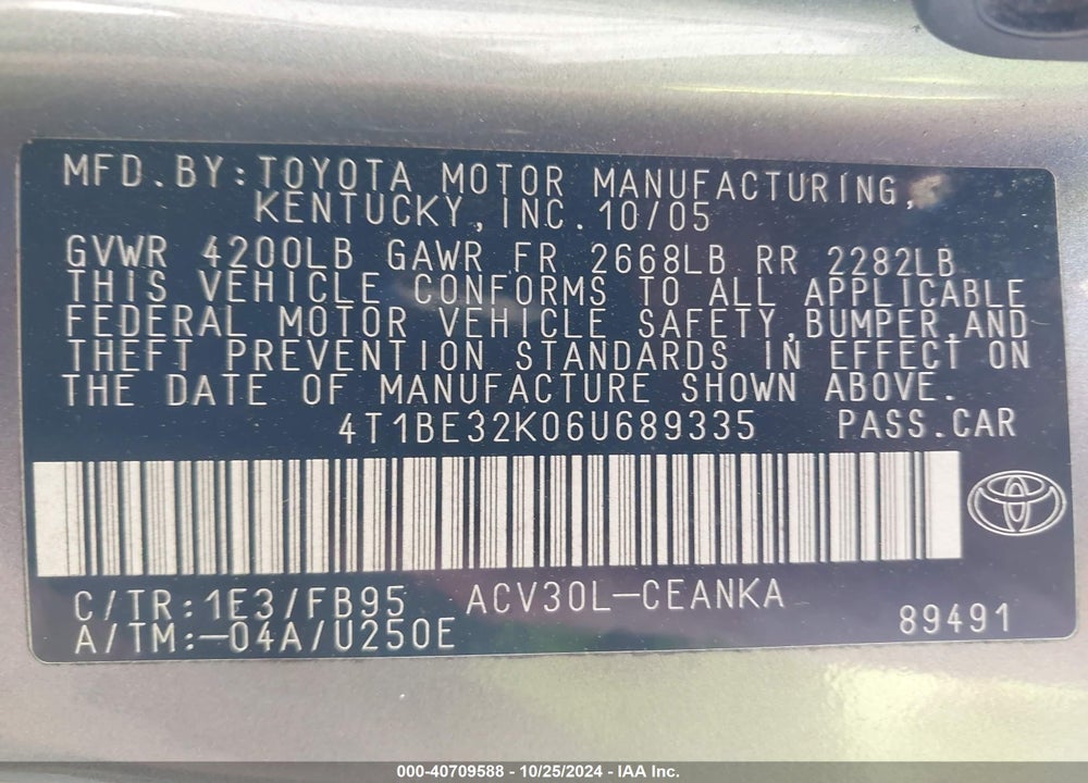 2006 TOYOTA CAMRY STD/ VIN: 4T1BE32K06U689335