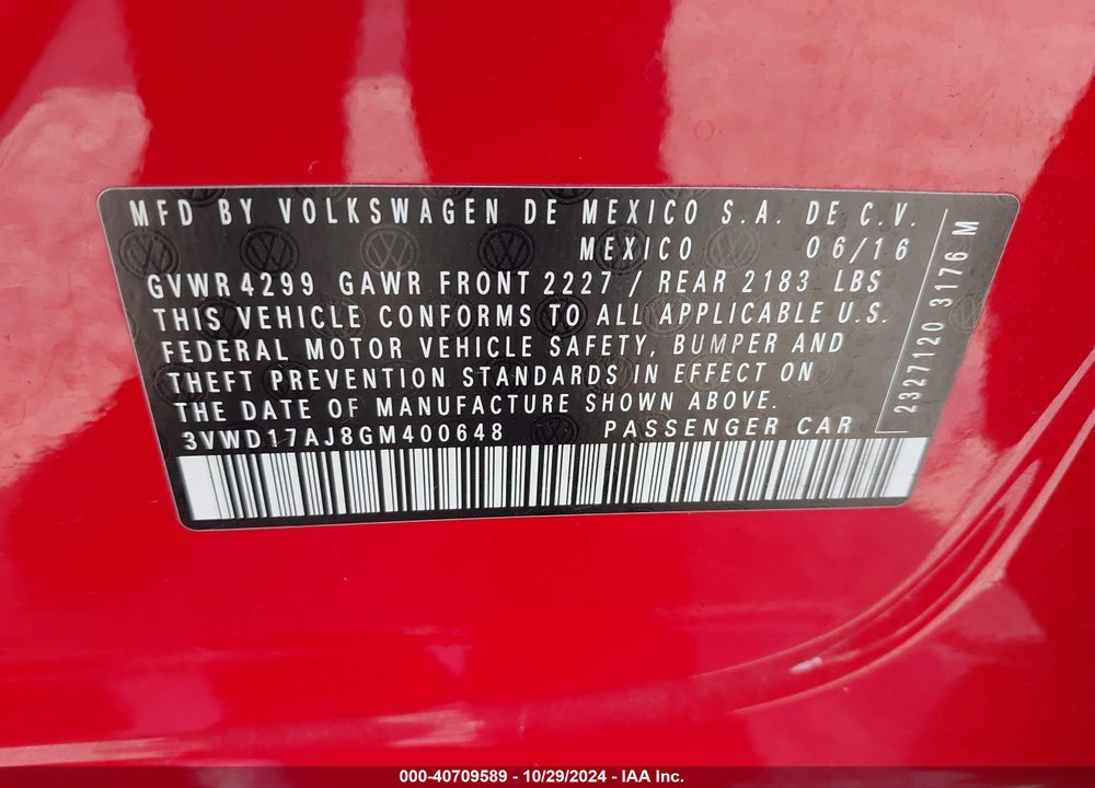 2016 VOLKSWAGEN JETTA VIN: 3VWD17AJ8GM400648