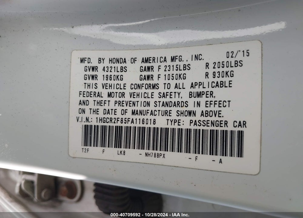 2015 HONDA ACCORD EX-L VIN: 1HGCR2F85FA116018