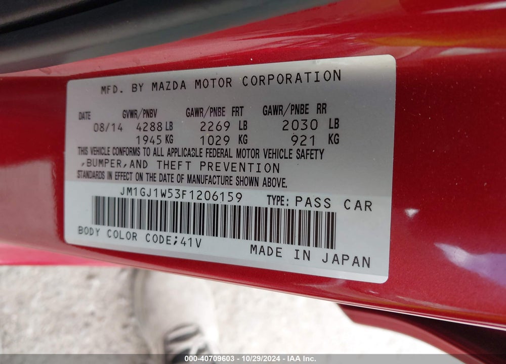 2015 MAZDA 6 I GRAND TOURING VIN: JM1GJ1W53F1206159