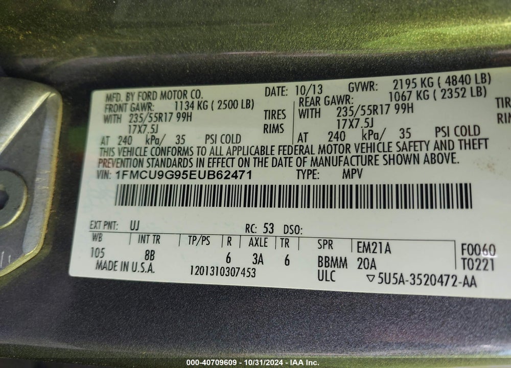 2014 FORD ESCAPE SE VIN: 1FMCU9G95EUB62471
