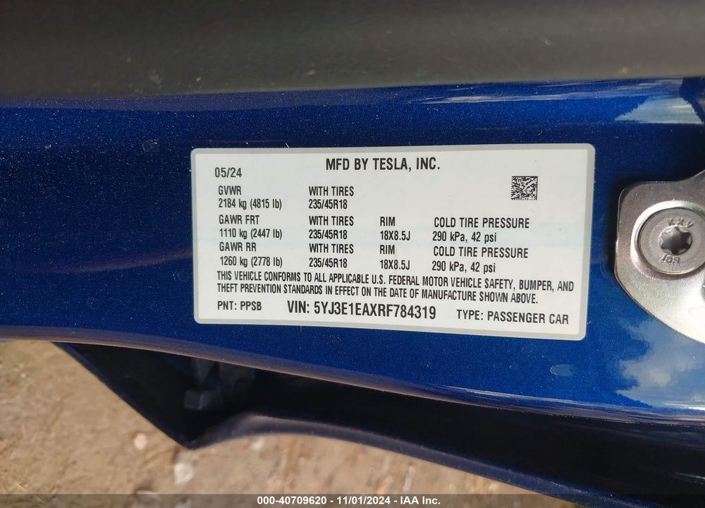 2024 TESLA MODEL 3 REAR-WHEEL DRIVE VIN: 5YJ3E1EAXRF784319