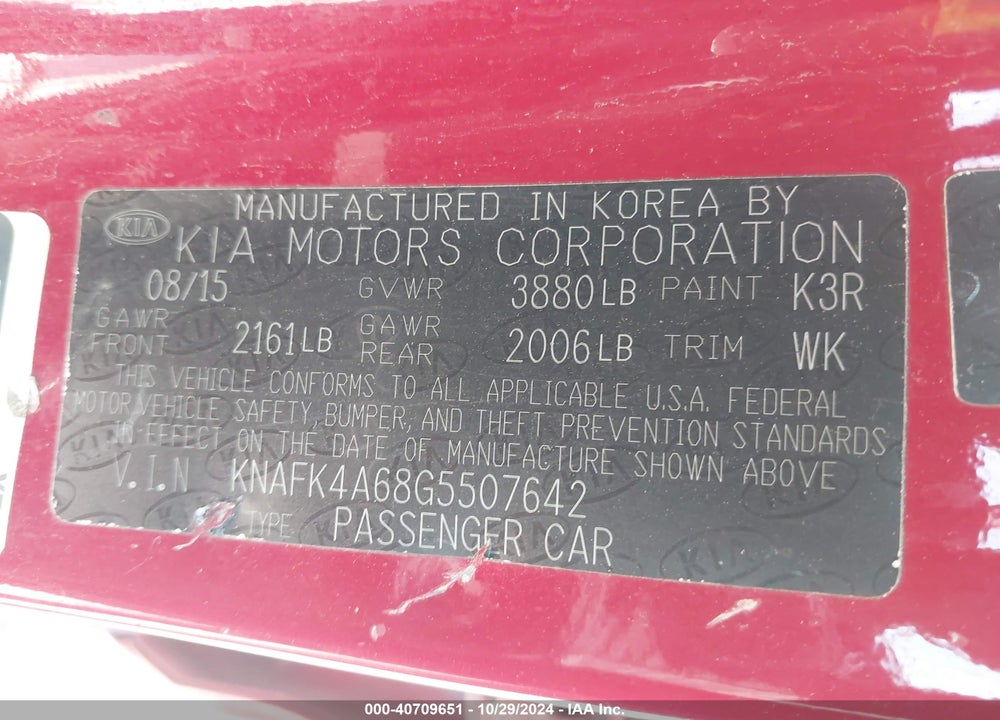 2016 KIA FORTE LX VIN: KNAFK4A68G5507642