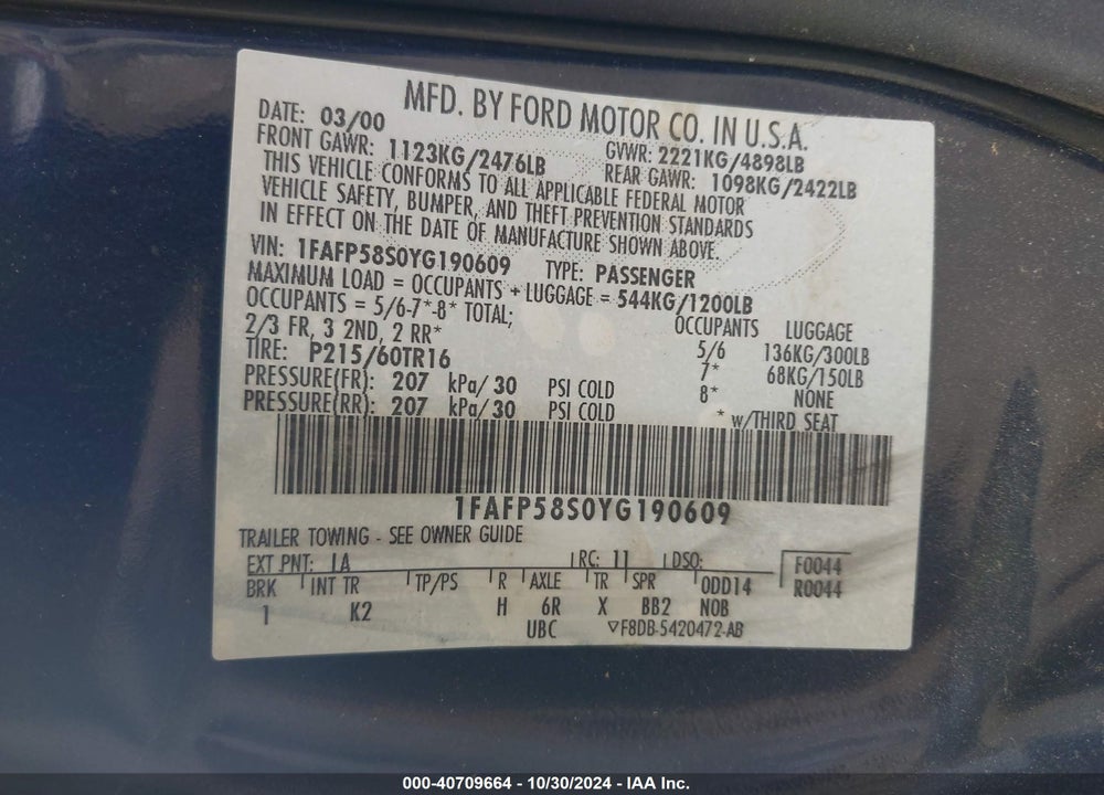 2000 FORD TAURUS SE VIN: 1FAFP58S0YG190609