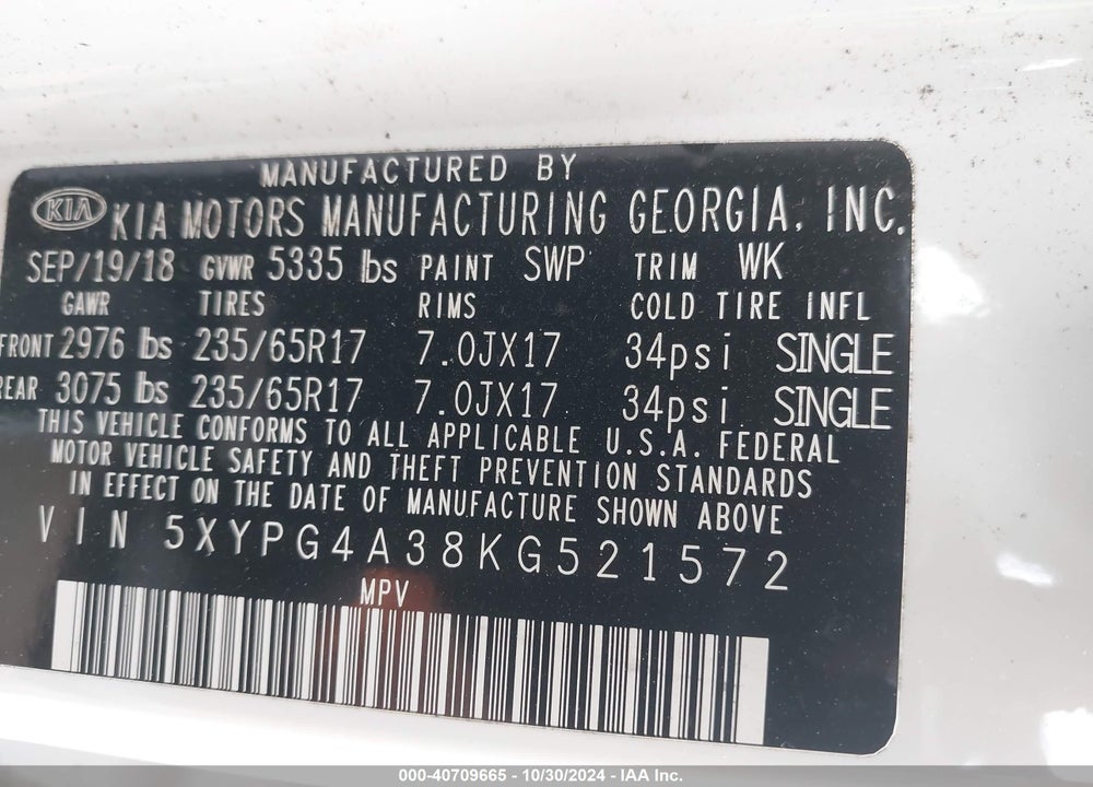 2019 KIA SORENTO 2.4L LX VIN: 5XYPG4A38KG521572
