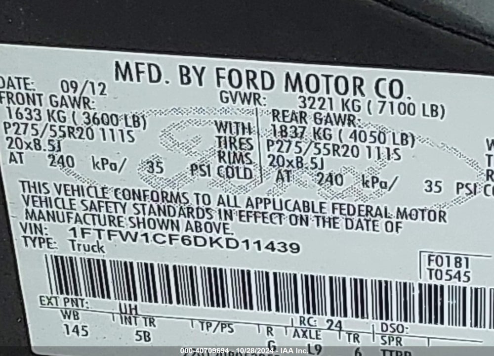 2013 FORD F-150 FX2 VIN: 1FTFW1CF6DKD11439