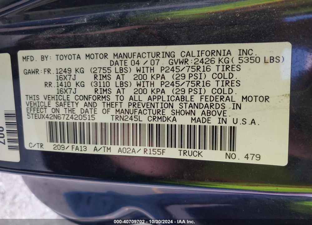 2007 TOYOTA TACOMA VIN: 5TEUX42N67Z420515