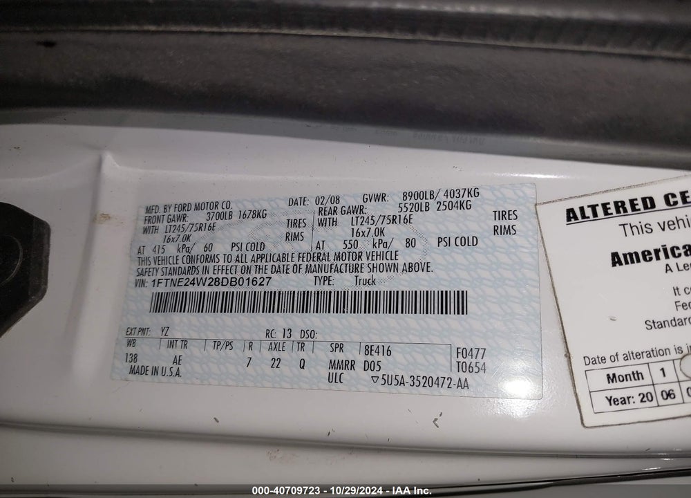 2008 FORD E-250 COMMERCIAL/RECREATIONAL VIN: 1FTNE24W28DB01627