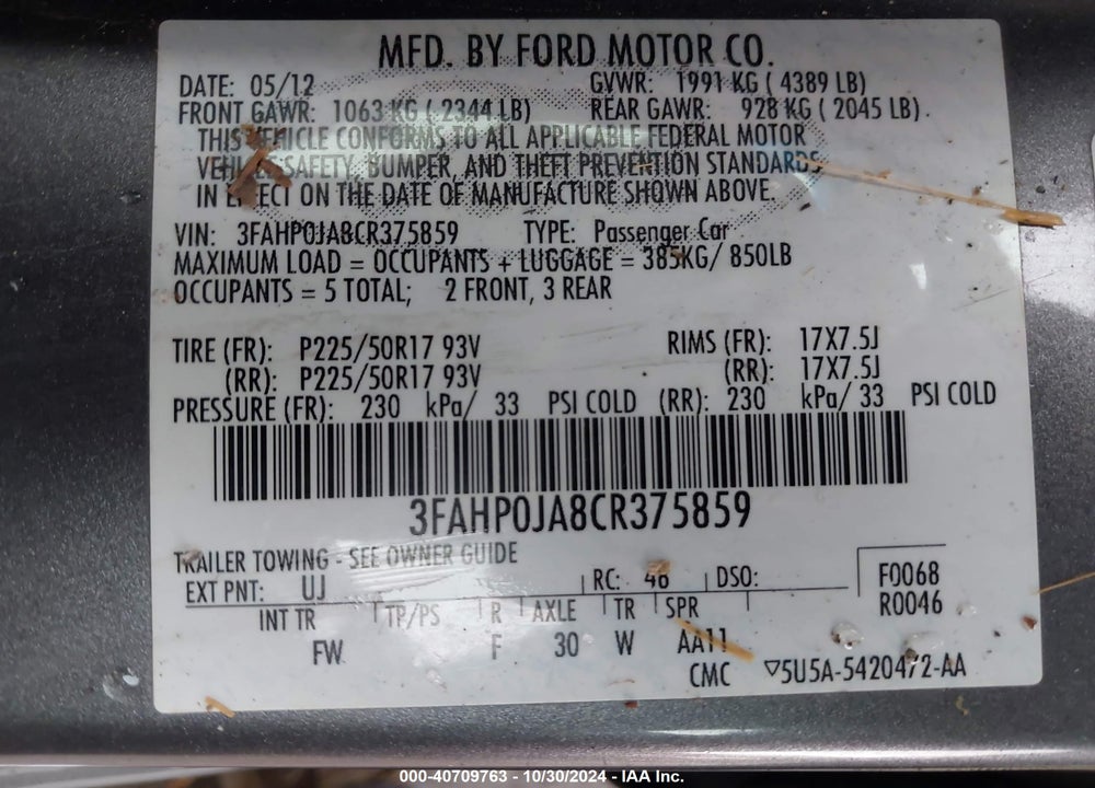 2012 FORD FUSION SEL VIN: 3FAHP0JA8CR375859