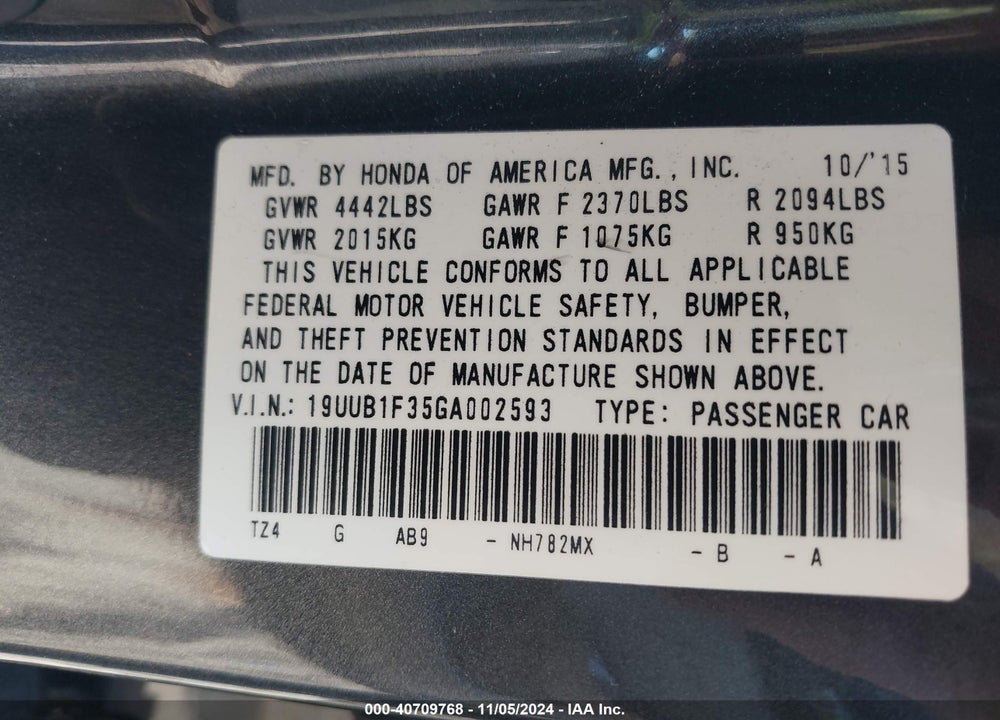 2016 ACURA TLX VIN: 19UUB1F35GA002593