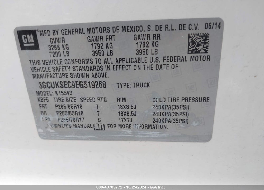 2014 CHEVROLET SILVERADO 1500 1LZ VIN: 3GCUKSEC9EG519268