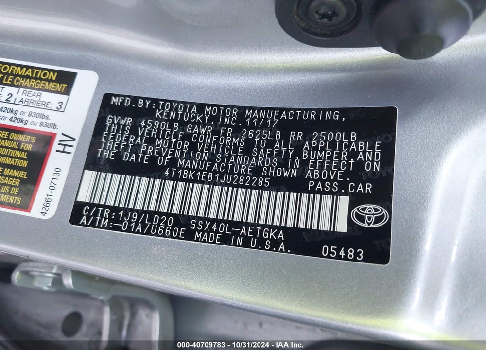 2018 TOYOTA AVALON XLE VIN: 4T1BK1EB1JU282285