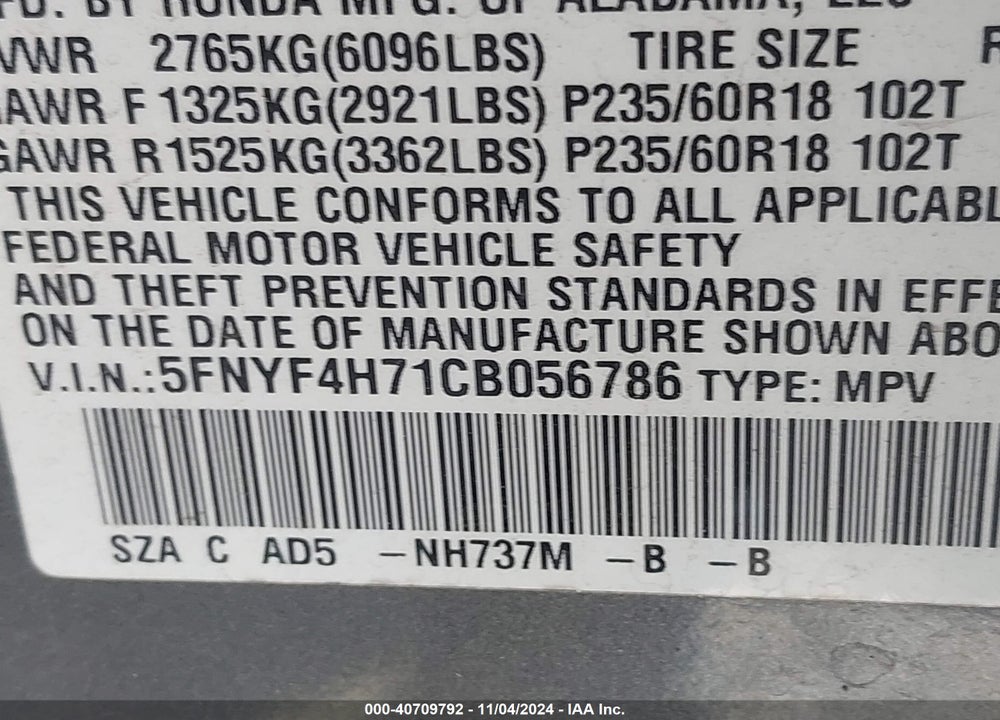 2012 HONDA PILOT EX-L VIN: 5FNYF4H71CB056786