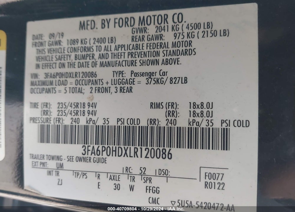 2020 FORD FUSION SE VIN: 3FA6P0HDXLR120086
