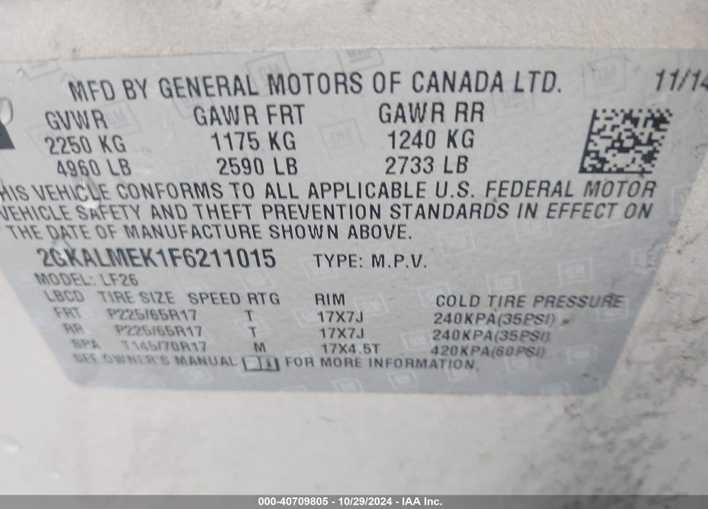 2015 GMC TERRAIN SLE-1 VIN: 2GKALMEK1F6211015