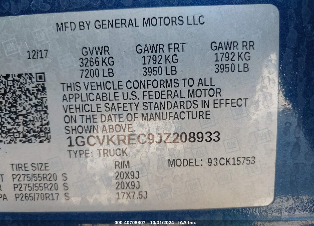 2018 CHEVROLET SILVERADO 1500 2LT VIN: 1GCVKREC9JZ208933