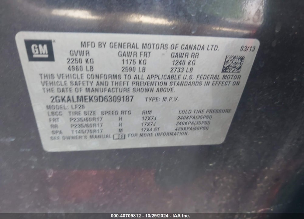 2013 GMC TERRAIN SLE-1 VIN: 2GKALMEK9D6309187